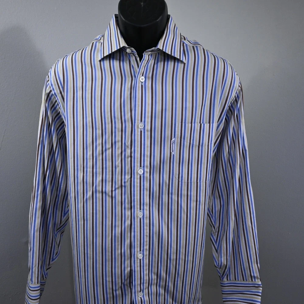 Façonnable Button Up Mens 16 Large Blue Brown Tan Striped Long Sleeve USA MADE